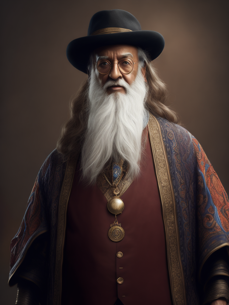 Professor dumbledoor in a Bollywood outfit in a photo realistic styled illustration