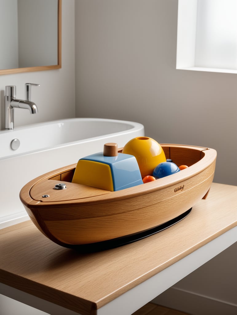 Bath toy chubby boat designed by Dieter Rams. Simplistic minimalist post modernist product design. Oak and injection molded plastic. Full object in view.