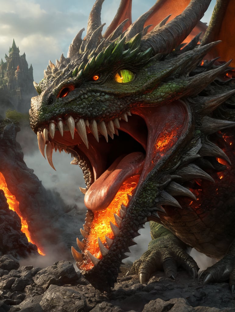 lava coming out of the mouth of a green dragon