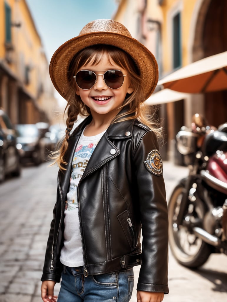 photo happy little girl going to travel, cute girl, leather jacket, straw hat, sunglasses, harpers bizarre, cover, headshot, hyper realistic