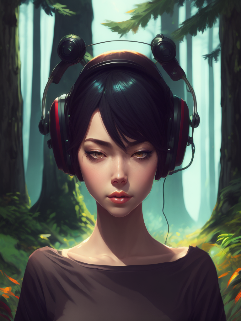 Beautiful girl listening to relaxing music with her headphones that takes her to a surreal forest, art by ilya kuvshinov and wlop, intricate, sharp focus, trending on artstation