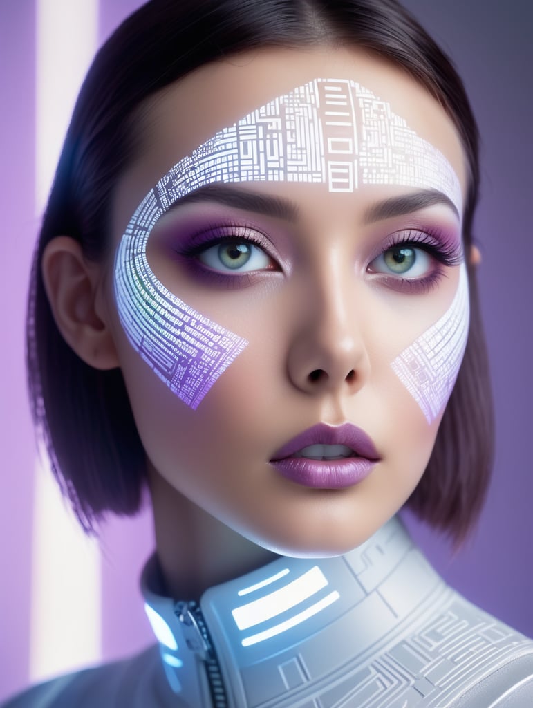 Fashion photography, pitch white slate grey lilac, full body view, minimalism, smoked eye shadow, illuminated white qr code pattern, luminous eyes, opposing pattern background, vibrant color, misty aether cyberpunk clothing, close up view of head, fluctuating depth of field, ethereal lighting, backlighting, holga medium format camera