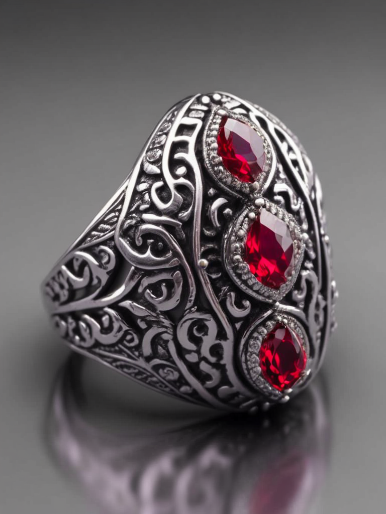 Royal silver ring with ruby, fantasy style, bright red background, rich colors, contrasting light, deep colors, high details