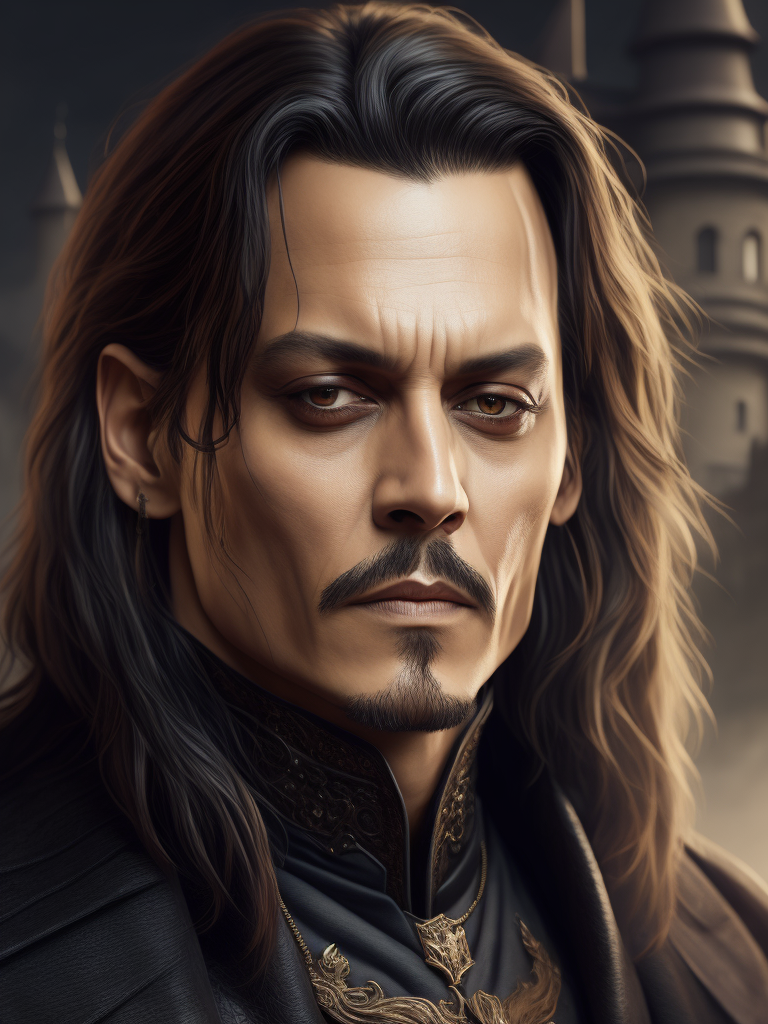 Portrait of Johnny Depp as Count Dracula, majestic look, long hair, mantle, against the backdrop of a medieval castle, detailed background, contrasting light, detailed face, muted tones