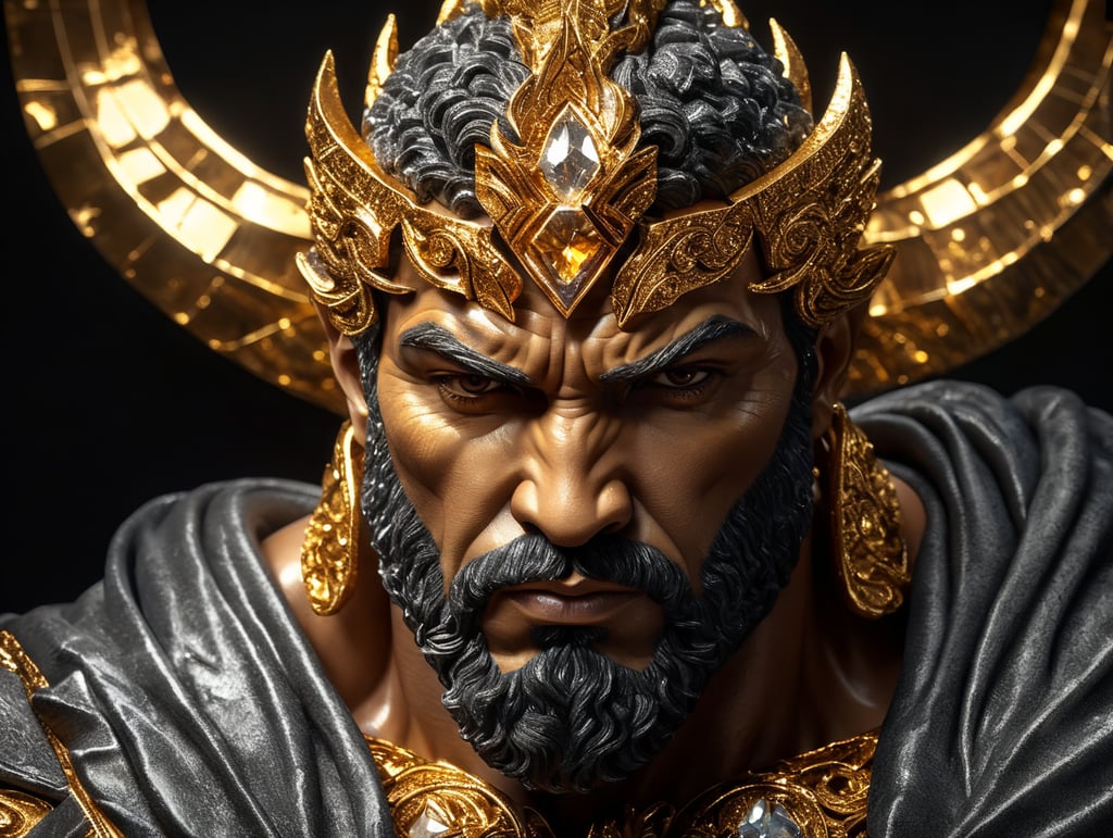 A cracked Diamond sculpture of a god Hercules head with gold inside, Gold Dramatic studio lighting, dark background