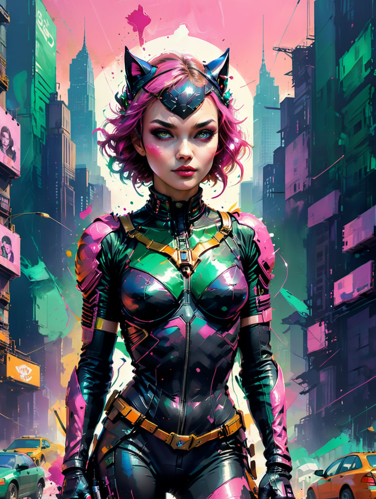 Catwoman in a leather suit with a pink there is a TV in place of the head .in the background of the city which trading with emeralds, pixel style, blocks, vibrant colors, clear details