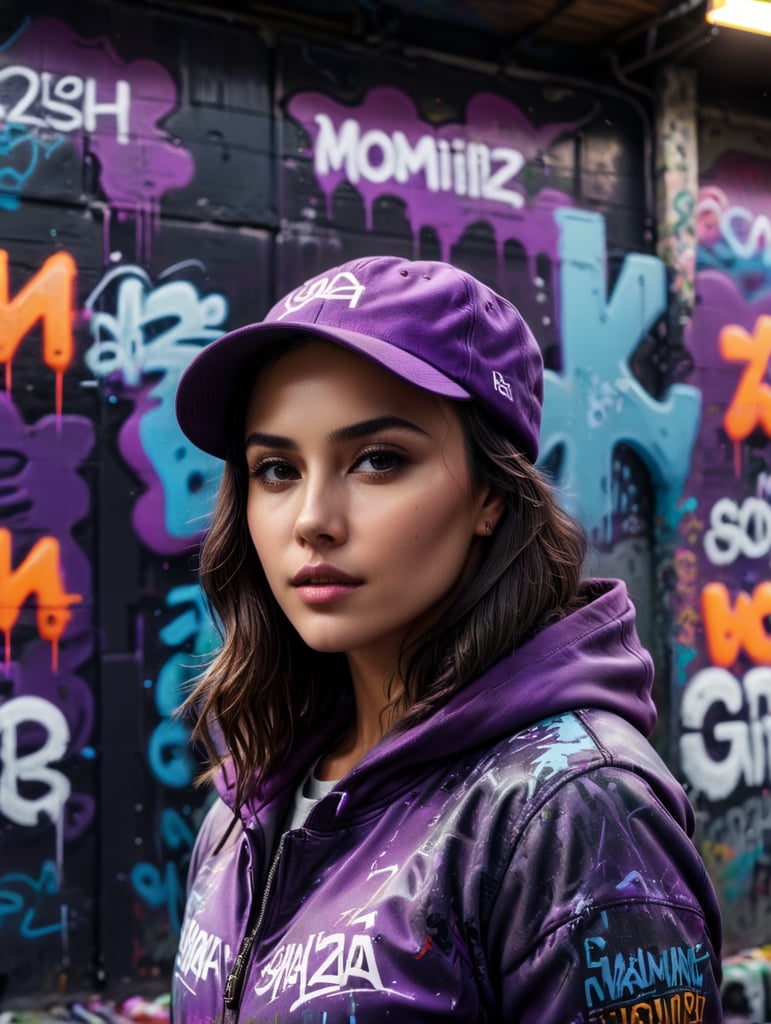 Olivia Culpo in a jacket and hat standing in front of a graffiti wall, in a purple hoodie, graffiti in the background