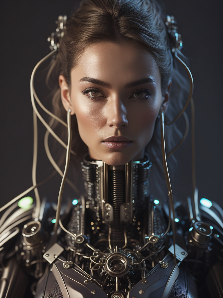 ((Masterpiece)), ((best quality)), ((ultra-detailed)), ((highly detailed CG illustration)), ((an extremely delicate and beautiful)), (cute delicate face), cinematic light, (1 mechanical girl), solo, full body, (machine-made joints:1.4), ((mechanical vertebra attaching to the back)), ((mechanical cervical attaching to the neck)), ((sitting)), (wires and cables attaching to the head and body:1.5), (glowing neon accents), (mechanical gears and pistons), (meticulous craftsmanship), (shimmering metallic textures), (futuristic background), (advanced technology), (subtle reflections), (captivating eyes), (intricate details), (exquisite beauty), (artistic elegance), (best quality), (artistic excellence).