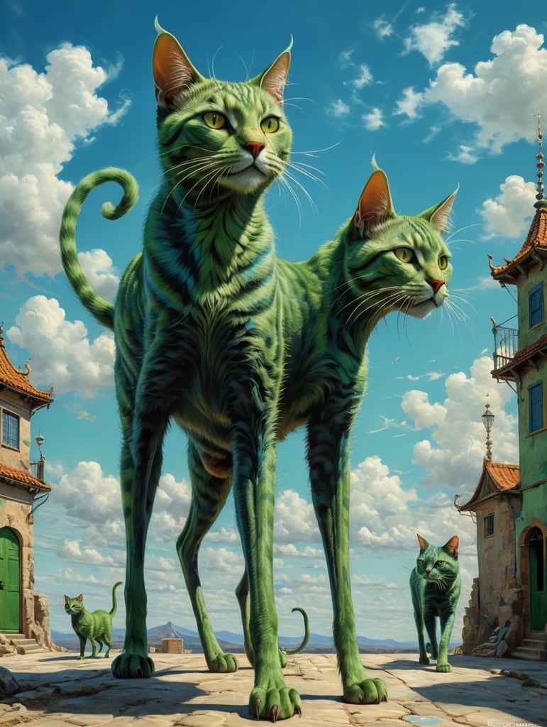 Green cats with very long, thin legs. Painted in the style of Salvador Dali. Blue sky.