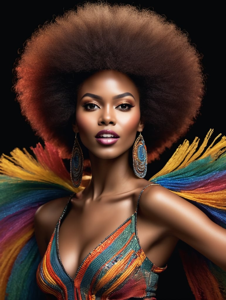 Mujer africana con peinado afro bailando, sesión de moda, sólo cara, fondo negro, fotografía de estudio, portada de revista, colores ultra brillantes