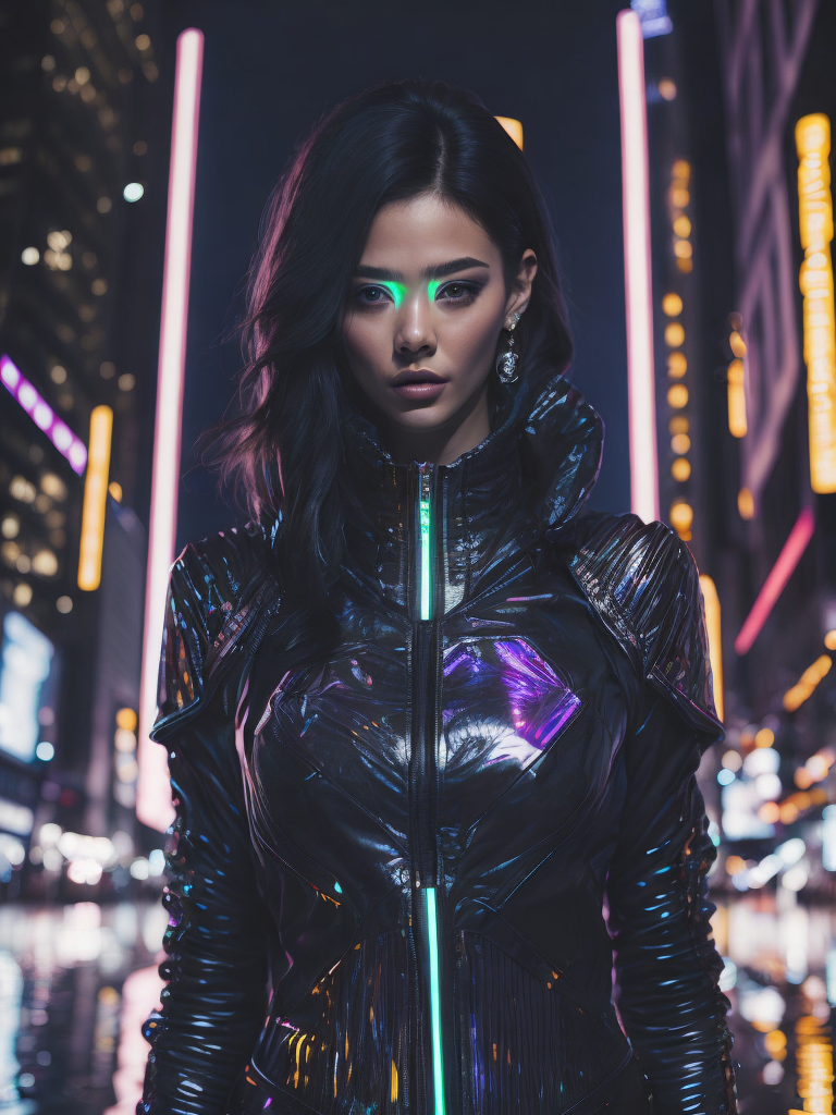 A woman wearing holographic cyberpunk clothing, surrounded by neon-lit cityscape reflections, vray render, ray tracing, subsurface scattering, by Josan Gonzalez and Liang Mark