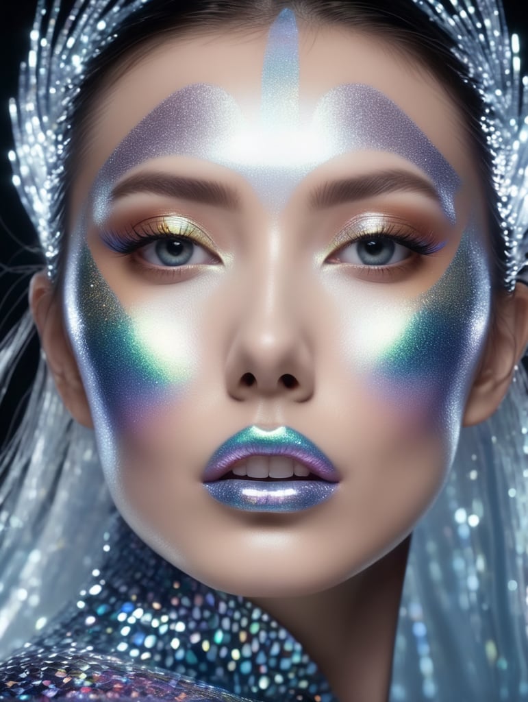 Mesmerizing Holographic face materials shimmer in motion, Photography in the style of Rankin