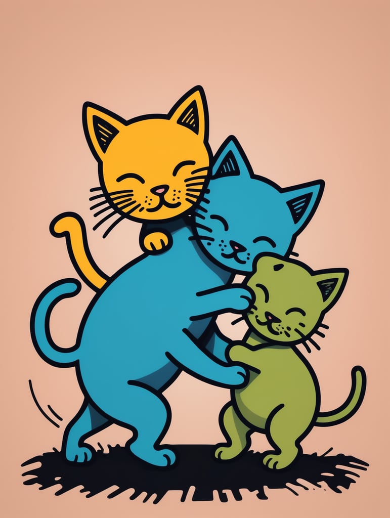 Simple figural illustration of a two kittens playing, solid color background, Keith Haring style graffiti, sharp illustrations, bold lines and solid colors, simple details, minimalism