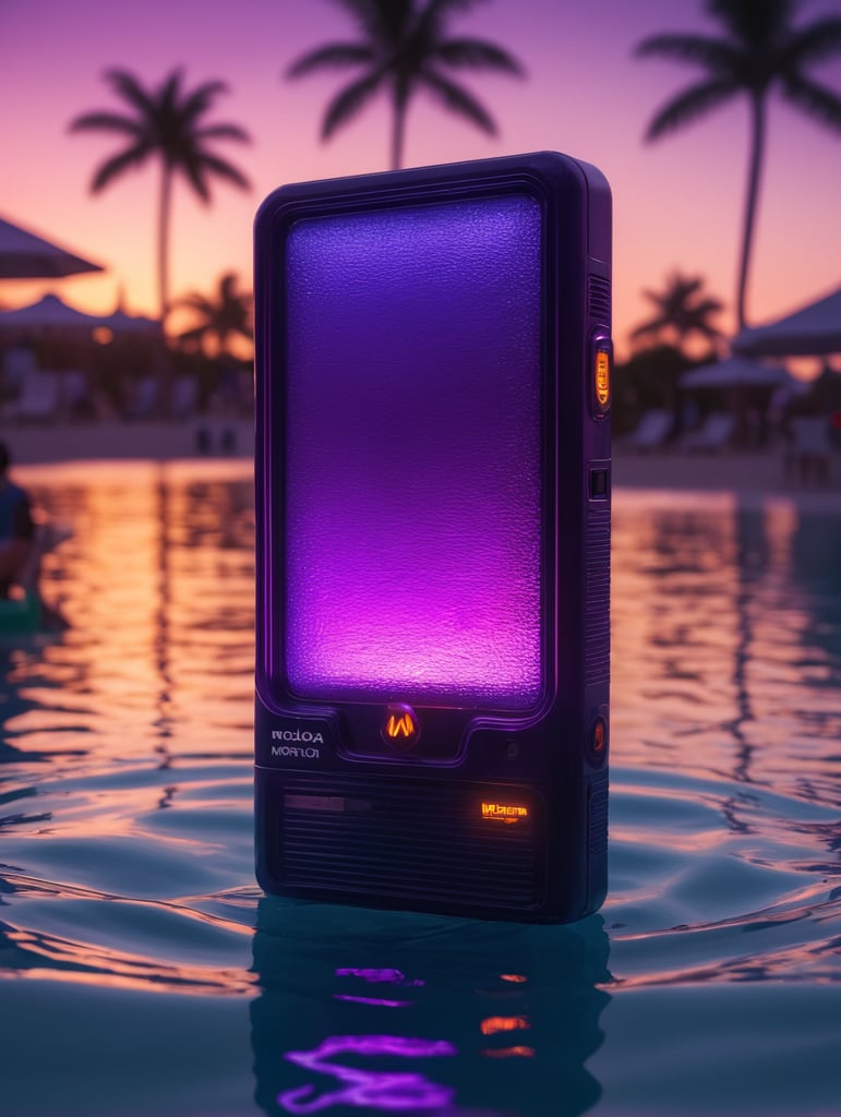 hyper realistic purple motorola pager as plastic pool float with sunlight shining through, neon palette, miami beach, unreal engine, octane render, cinematic lighting, highly detailed miami beach, y2k, bright colors, hyperrealistic, low angle, 16k, 8K UHD, 8K texture, cinematic, rim lighting, neon palette, color theory, dramatic, volumetric lighting, 35 mm, in focus, unreal engine, highly detailed, octane render, ultra high resolution