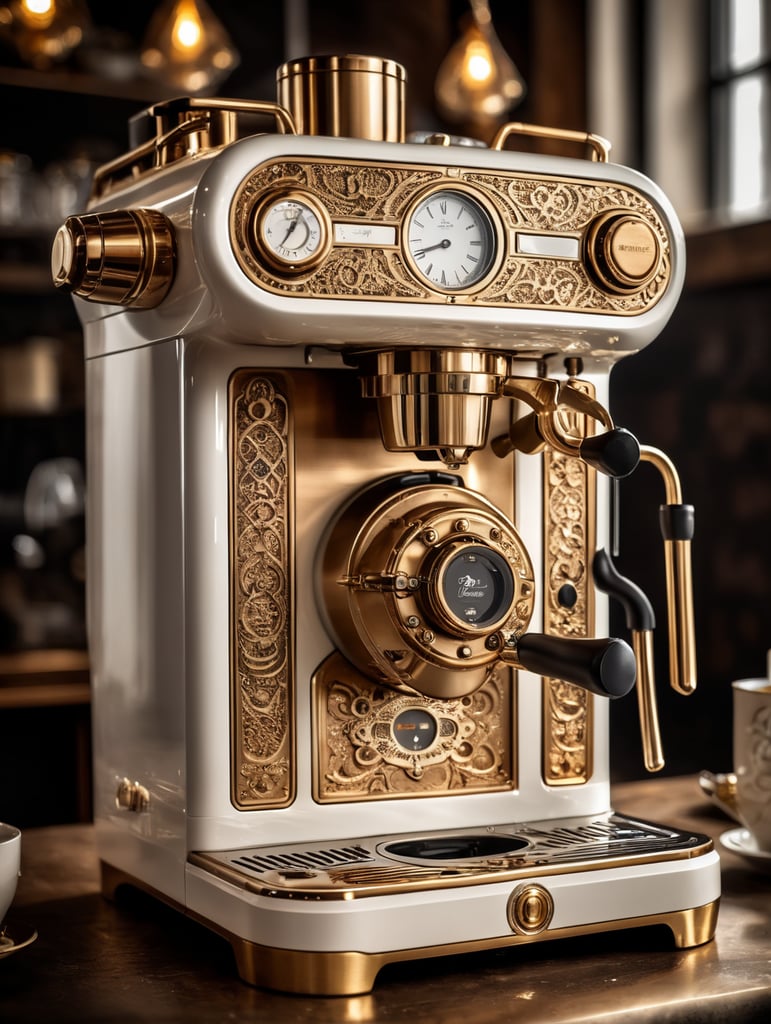 coffee maker made in steampunk style, decorated with gold, carved white plastic, ivory color, deep engraving