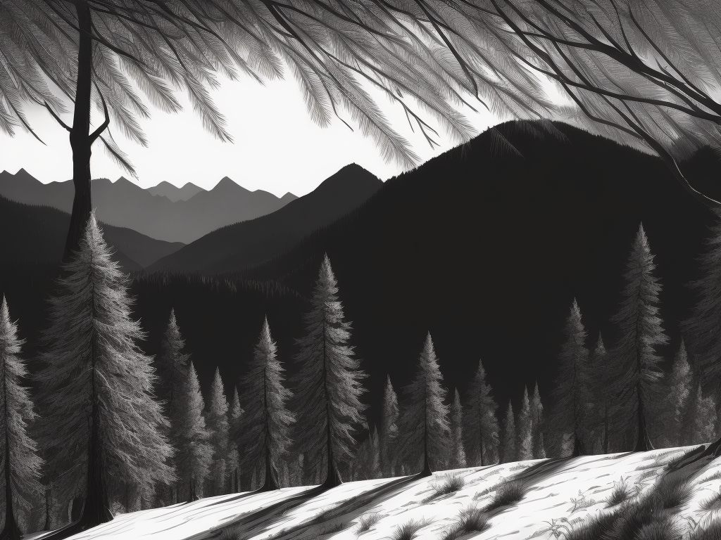 simplistic outdoors scene with sparse pine trees, black and white pen and ink drawing, contain entire mountain range within image, do not crop