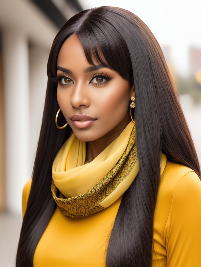 Pretty brown skin girl brown eyes long black front wig long lashes earrings bent over back with yellow outfit with scarf from behind bottom half of her