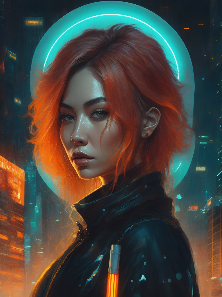 A cyberpunk woman with cybernetic implants, surrounded by neon - lit cityscape reflections, illustration in the style of James Jean