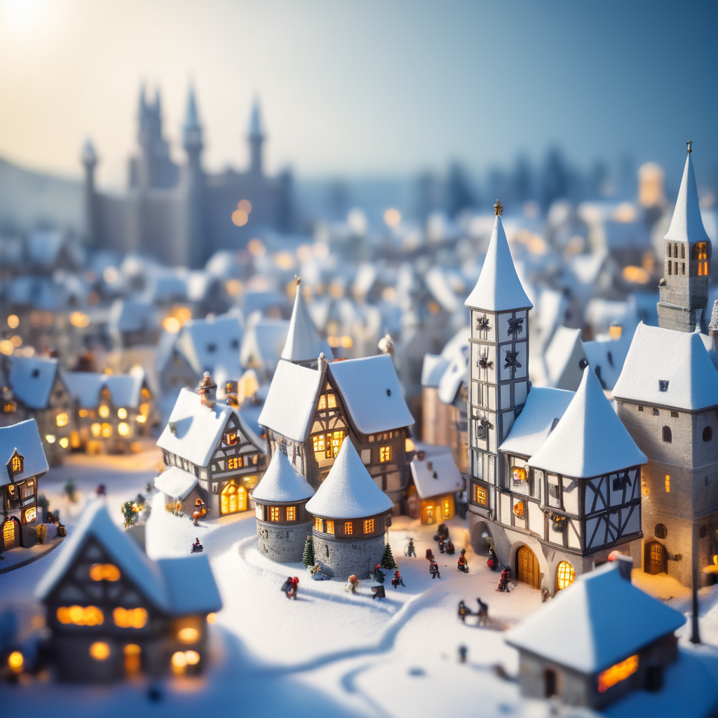 tilt shift photography of a Christmas medieval fantasy miniature city, depth of view, sunny, at night, snowy weather