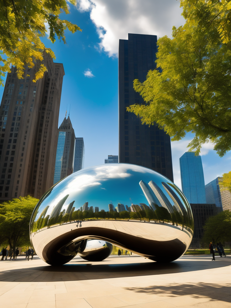 Chicago Millennium Park, Cloud Gate, Green trees, Skyscrapers in the background, Vibrant colors, Deep colors, Contrast lighting, Sunny day, High detail, Sharp details
