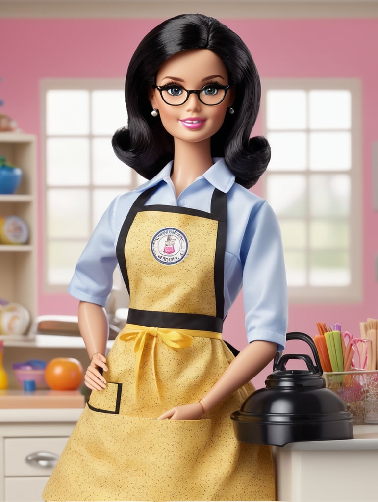 Drawing of an adult Barbie with a primary school teacher's apron, oval face with a thick body, white skin, straight black hair, black eyes