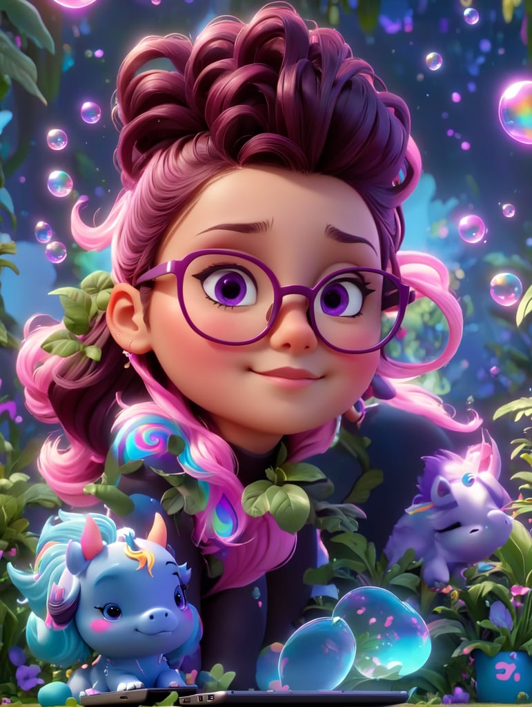A young cool girl with glasses pink scene a laptop with a no brand. make the hair pink and violet, more neon style and more plants in the background. Bubbles, big flying unicorns, rainbows, kid style, blue eyes, big unicorns pet a said, more background space