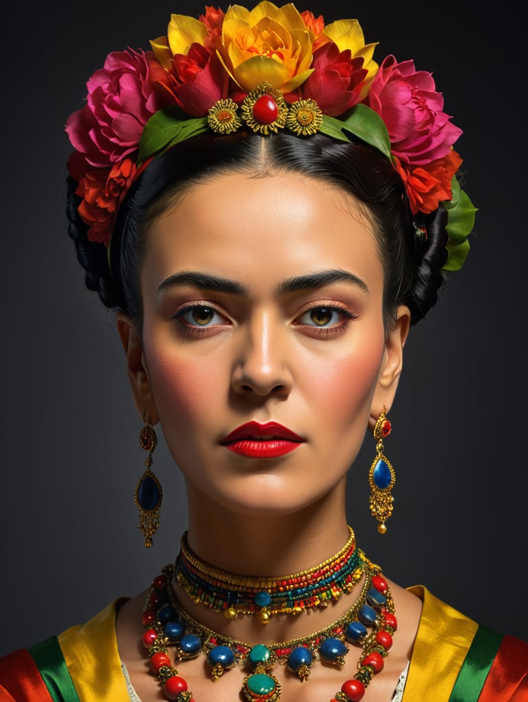 Portrait of Frida kahlo, bright and saturated colors, elegant, highly detailed, vogue, fashion magazine, sharp focus, Bright expressive makeup, Dramatic Lighting, Depth of field, Incredibly high detailed, NO background