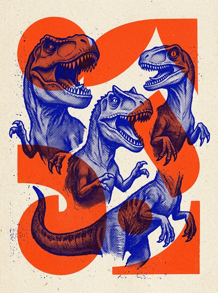 Three dinosaur heads with large teeth and small arms exhibiting various expressions, rendered in a bold retro risograph and screen-print aesthetic. The figures are constructed from dense, coarse halftone dot patterns in a striking ultramarine blue ink, featuring rough, distressed edges characteristic of vintage printing. Intersecting and layering with the blue figures are massive, flat, vibrant orange-red geometric shapes, including bold circles and sweeping abstract curves. Where the blue and orange-red inks overlap, a darkened, textured overprint effect occurs, blending the halftone patterns. The entire graphic composition is set against a warm, off-white, grainy paper texture, emphasizing a tactile, high-contrast, minimalist graphic design style with visible ink bleed and lithographic grain.