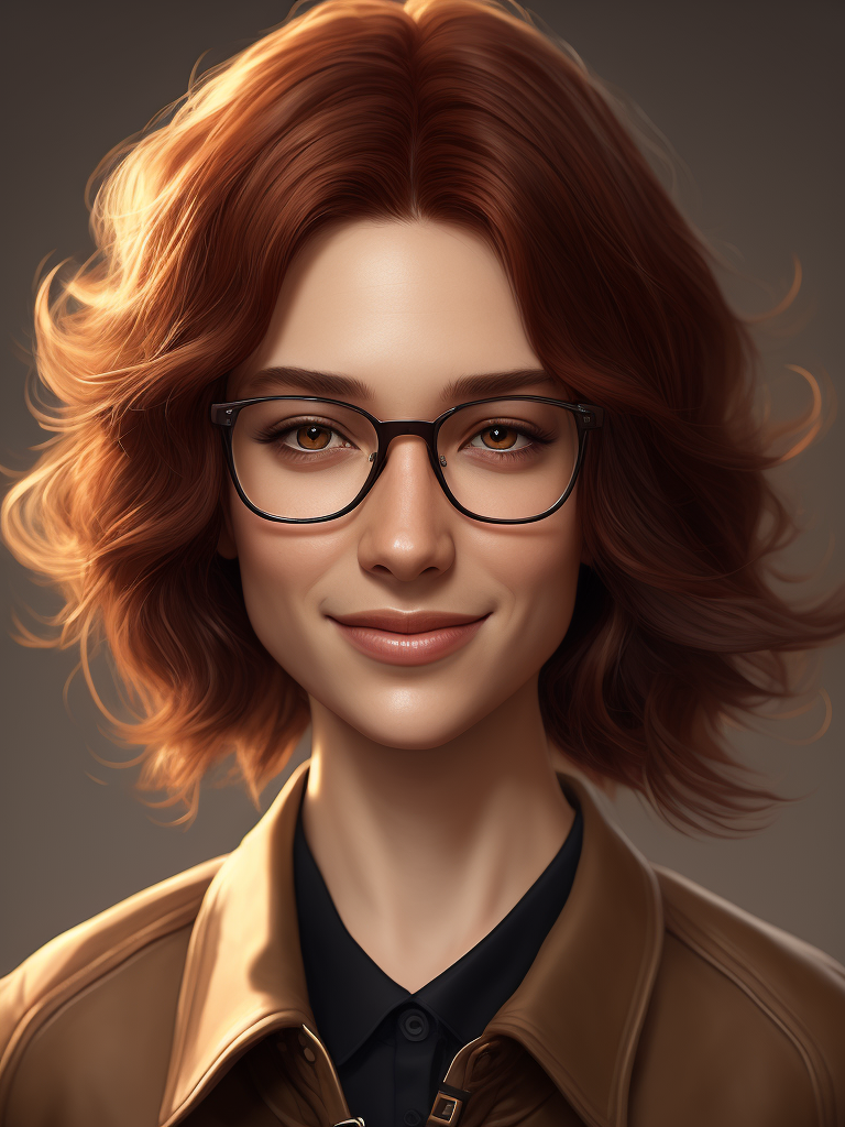 young woman reddish brown hair shorter wavy hair brown eyes girl next door look smiling friendly looking quiet understated beauty nerdy glasses