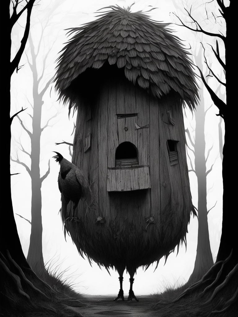 giant ugly bird legs holding up a biomorphic wood shack as artwork by Tsutomu Nihei:: evil dangerous menacing heraldic Baba Yaga and her biomorphic chicken-legged hut running through a forest, pen and ink drawing by Tsutomu Nihei