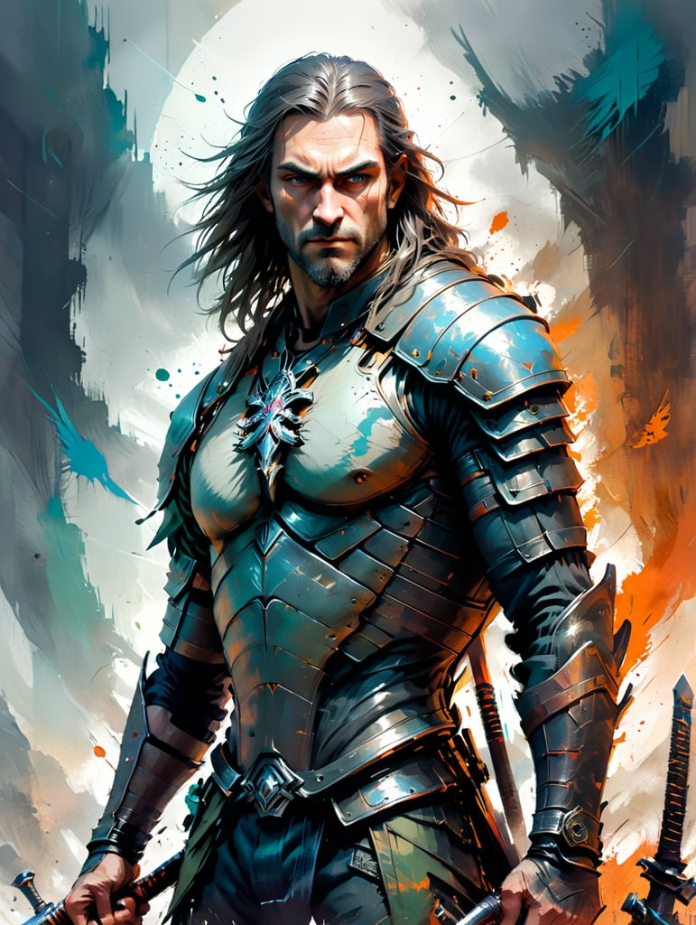 The witcher. A tall man with ashen long hair and two swords on his back