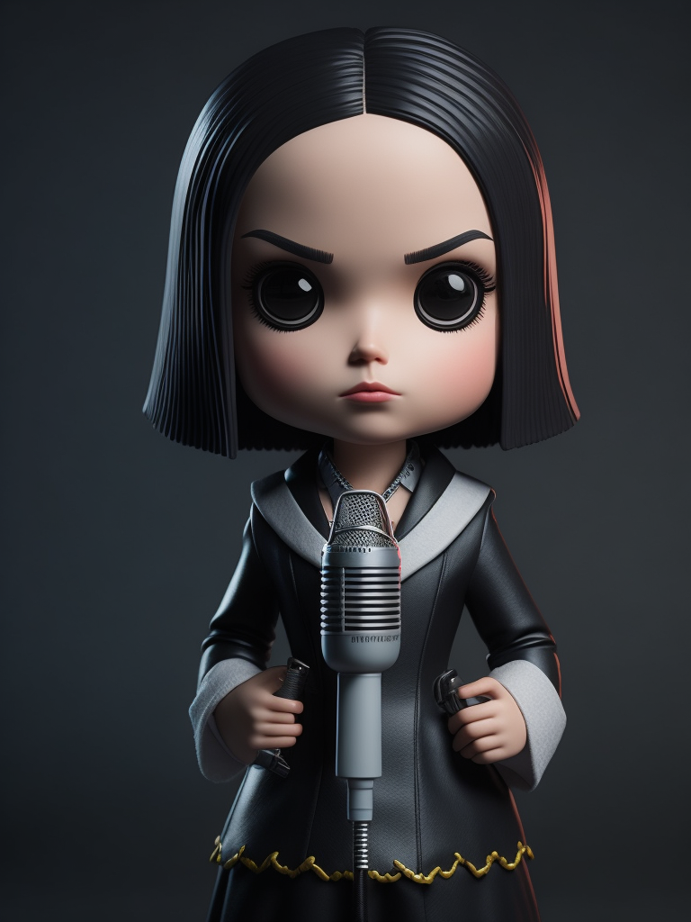 Wednesday addams rocker singing on vintage microphone funko realistic 3d render --q 5 --ar 1:1