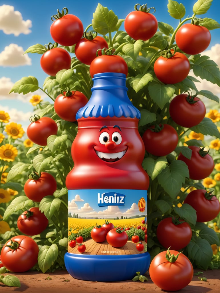 several red tomatoes stacked together forming a Heinz ketchup bottle with some leaves around it, beautiful tomato plantation in the background and a blue sky, short grass and yellow flower + yellow flowers + creamy light + ambient lighting + very beautiful colors