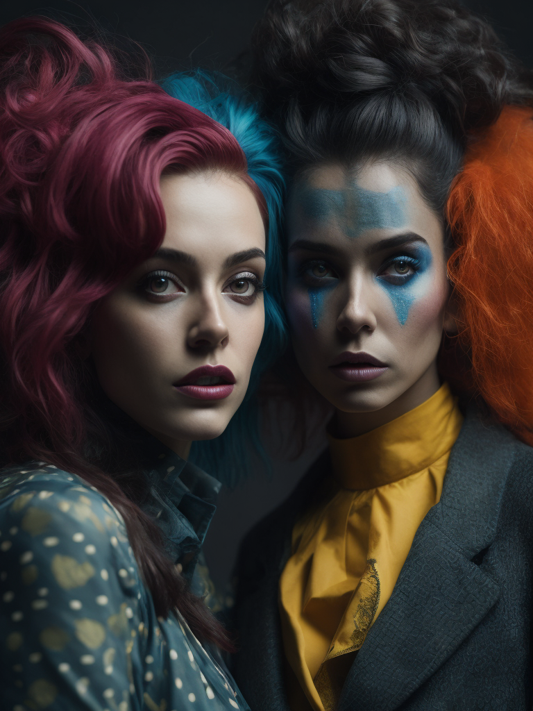 two women dressed in colorful clothing with large hair and make - up in the shape of clowns Avant-garde Fashion