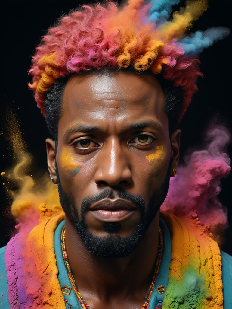 a black man, colourful powder, black background, Wes Anderson style