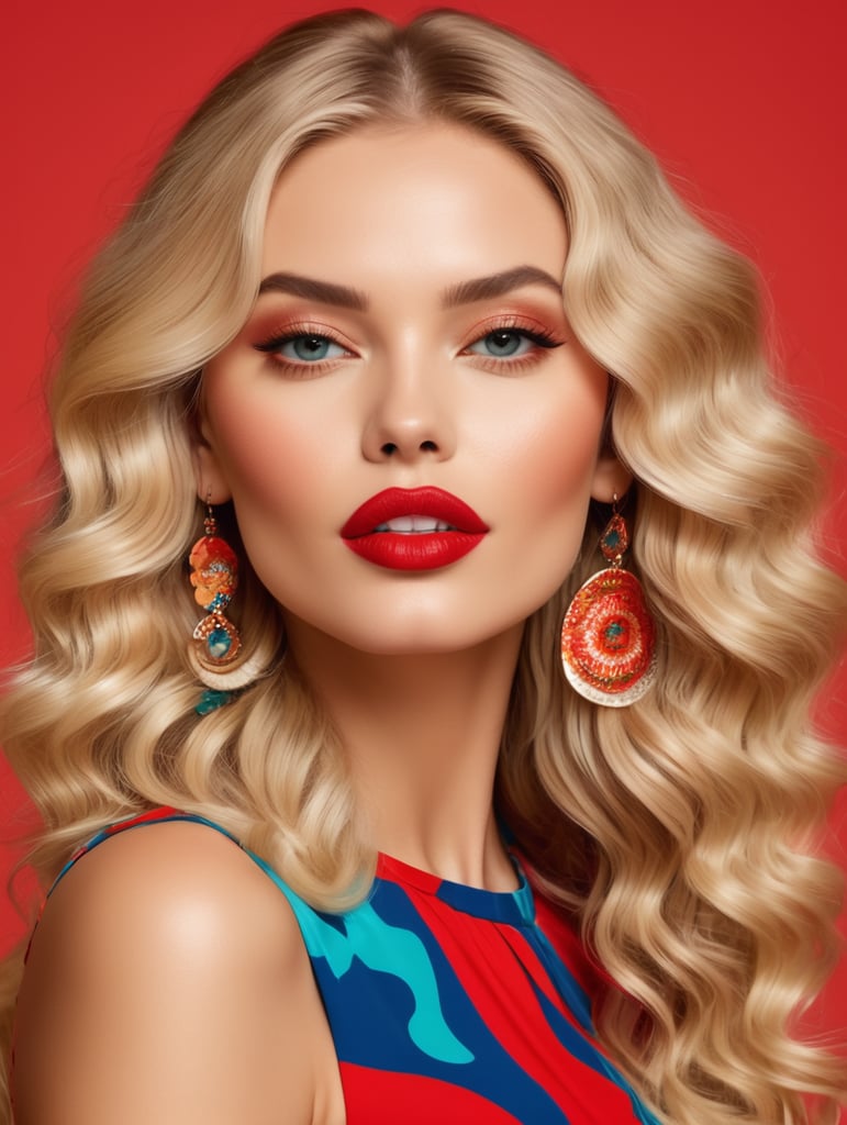 A beautiful blonde woman with long wavy hair and striking red lipstick, decked out in a vibrant pop art outfit. Solid color background, high fashion advertising campaign. Fun collection pieces in an ethnic and bohemian atmosphere with 2024 summer colors