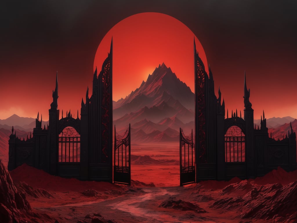 The gates of Hell stand open. Beyond them is a red wasteland, with black jagged mountains rising up to meet a black sky with a dark red sun.