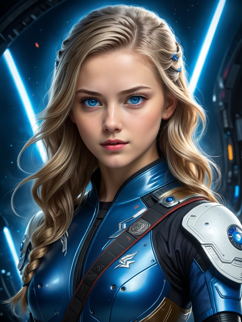 Caucasian white girl, in her teens, who is a sci-fi black belt ninja, accepting an award in space, dark blue eyes, dark blond hair, in okinawa japan, blue streak of hair is blue