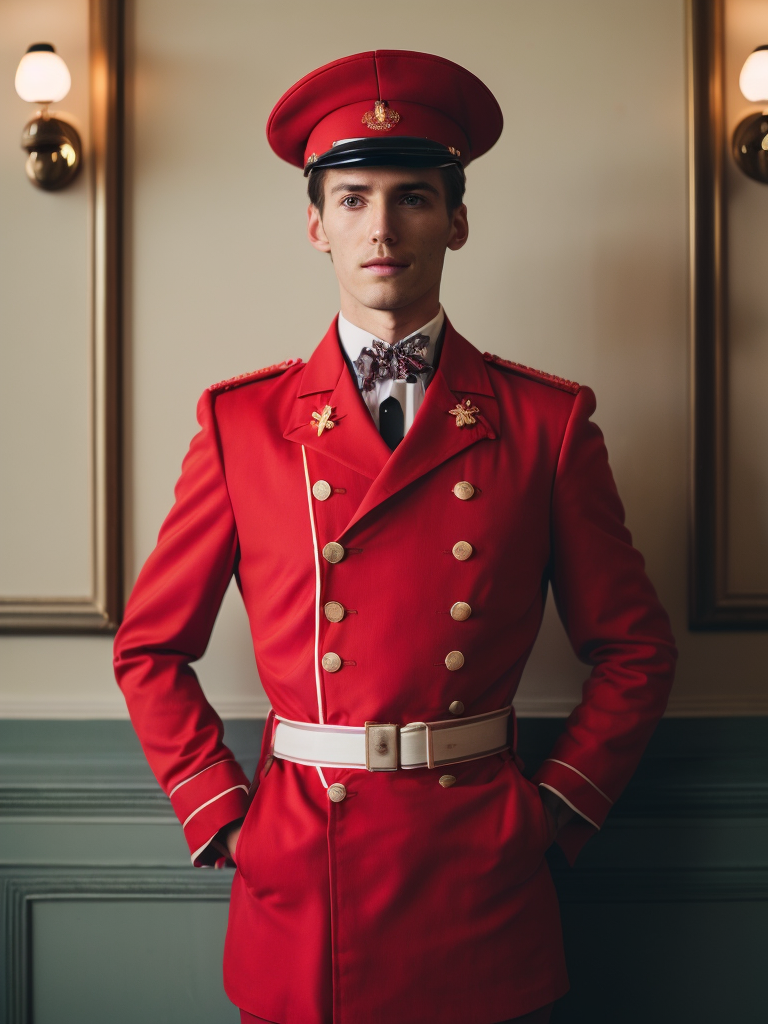 Vintage Portrait of hotel porter, Red uniform, Wes Anderson style, Incredibly high detail, Bright colors
