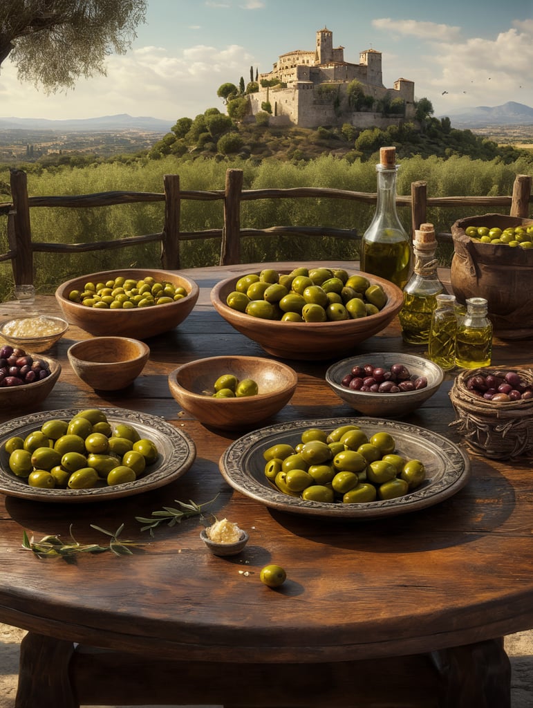 A wooden table on which green olives without holes are arranged with the correct texture and drizzled with oil on a wooden plate. Nearby are transparent bottles filled with oil, bottles without labels. In the background is an olive grove and an ancient Italian castle on the horizon.