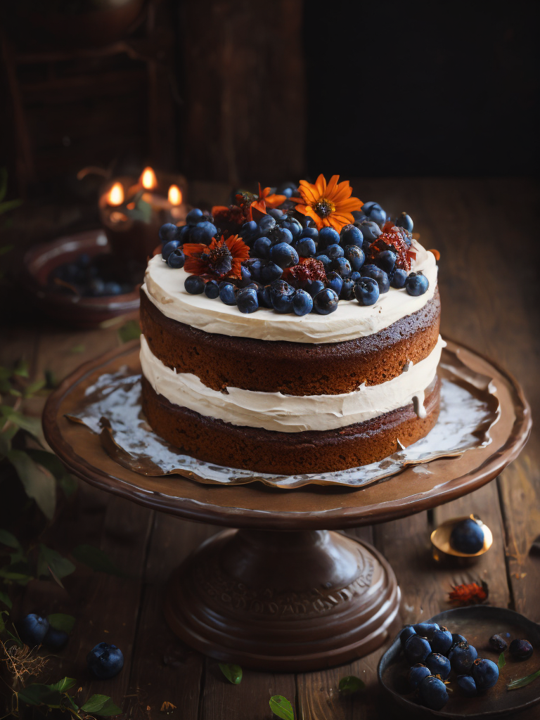 Blueberry cake with flowers, sharp on details, deep atmosphere