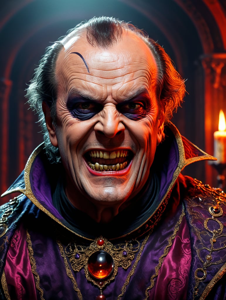 Jack Nicholson as Drakula wearing spooky Halloween costume, Vivid saturated colors, Contrast color