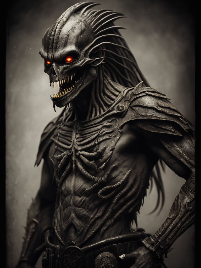 hyper realistic of a zombie xenomorph warrior, character, wet plate collodion, sharp, high detail, Mathew Brady, portrait, in the style of stefan gesell and emil melmoth and hr giger and klimt