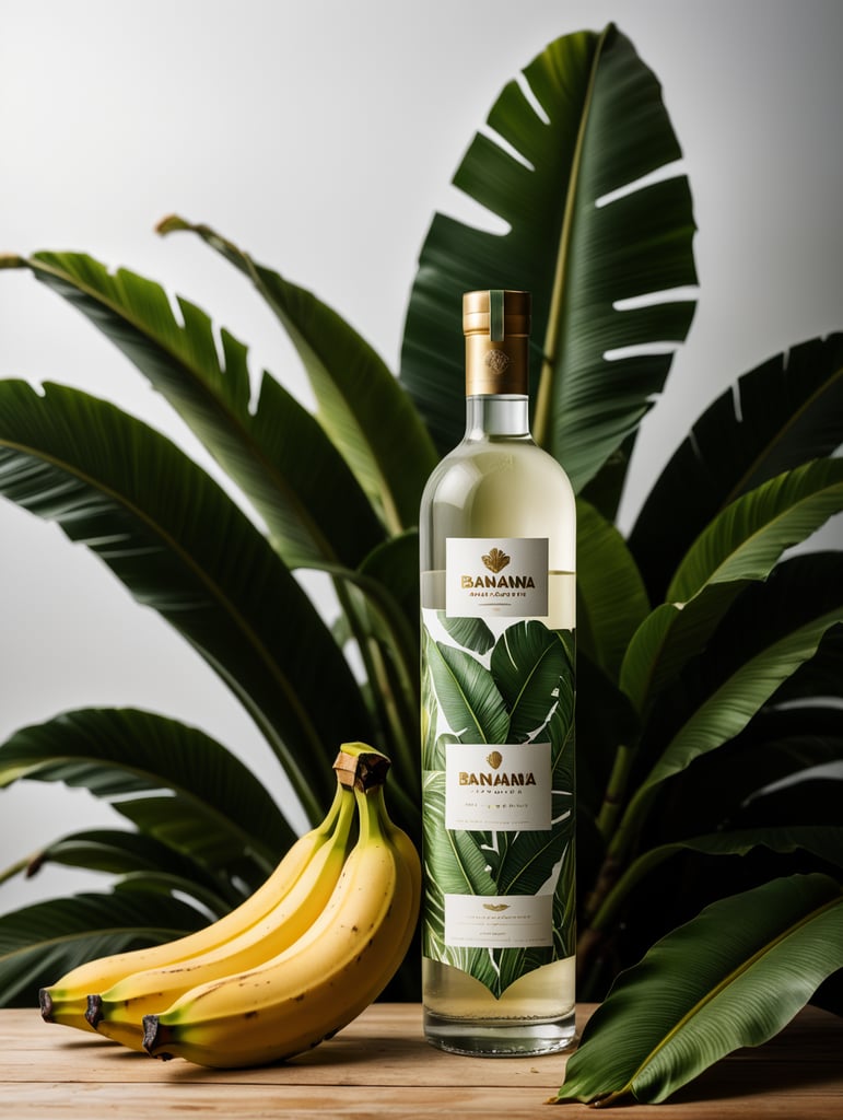 Packaging and branding for a banana vodka brand as if it had been designed by HI ESTUDIO with In a set design with banana, banana leaves.