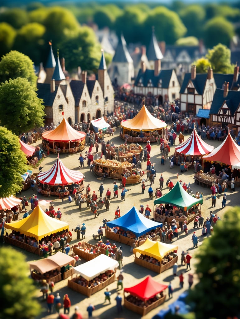 A medieval-inspired creative concept is depicted in a tilt-shift photograph capturing the joyful ambiance of a village fete and fair