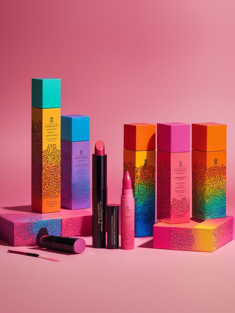 Packaging y branding para marca luxury de maquillaje inspirada en keith haring con colores degradados y vibrantes. En un set design inspirado en la arquitectura de Luis BARRAGAN.