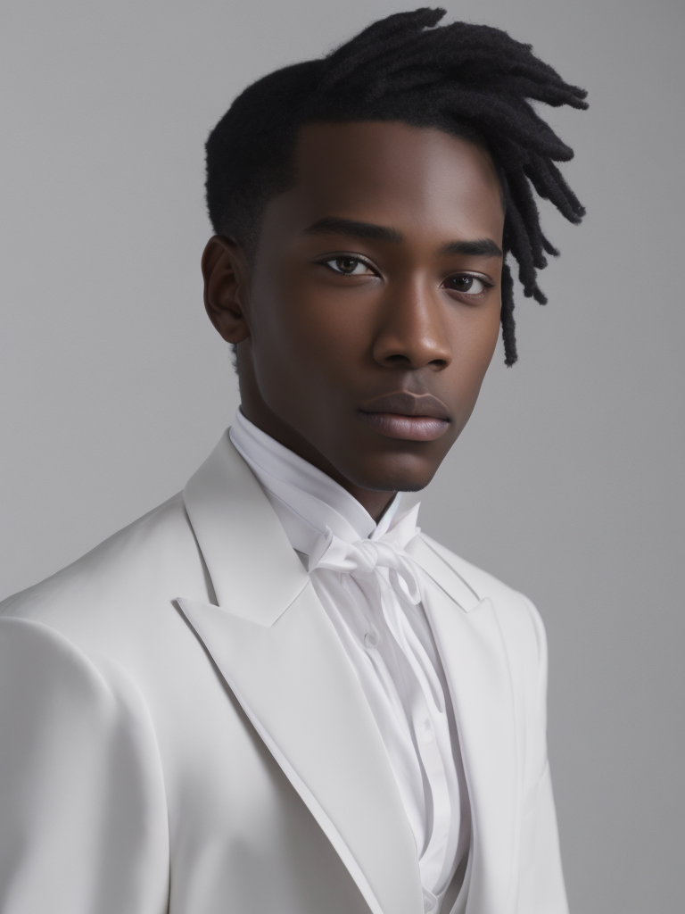 portrait of young man with black skin, short white hair, dressed in a tailcoat, intricate, elegant, highly detailed, digital painting, concept art, sharp focus, ultra realistic, Dramatic Lighting, Depth of field, Incredibly high detailed