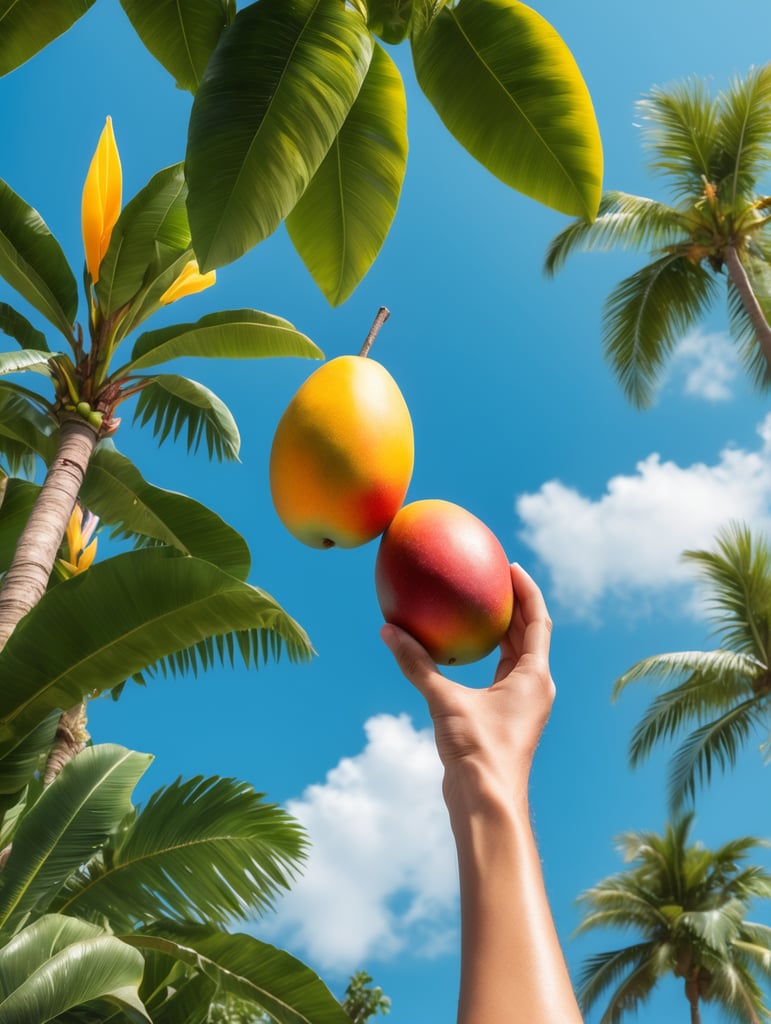a hand holding a mango against the background of blue sky and tropical flowers