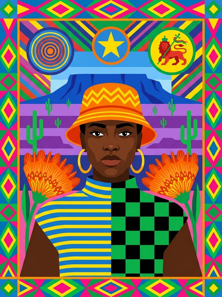 A vibrant, highly graphic portrait of a dark-skinned figure centered within a symmetrical composition of geometric patterns. The figure gazes directly forward, wearing an orange bucket hat with yellow zig-zags, gold hoop earrings, and a garment split between blue-and-yellow stripes and black-and-green checks. Behind them, a stylized landscape features a flat-topped blue mountain, purple terrain, green cacti, and a blue sky. Above, the backdrop bursts with diagonal stripes and three circular medallions containing concentric circles, a yellow star on blue, and a red lion with a staff. Large orange feathery flowers flank the shoulders. A thick frame of repeating diamond and triangle motifs in vivid green, pink, yellow, and blue surrounds the scene. The flat rendering technique uses crisp edges and unshaded solid color blocks to create a bold, maximalist aesthetic.