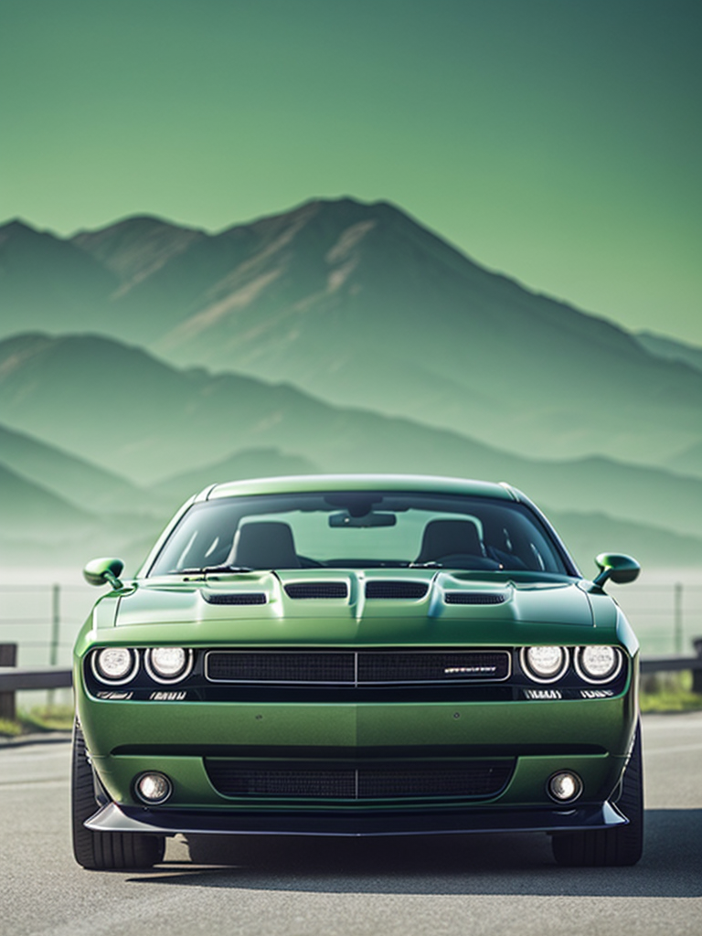 green dodge challenger car with dragon